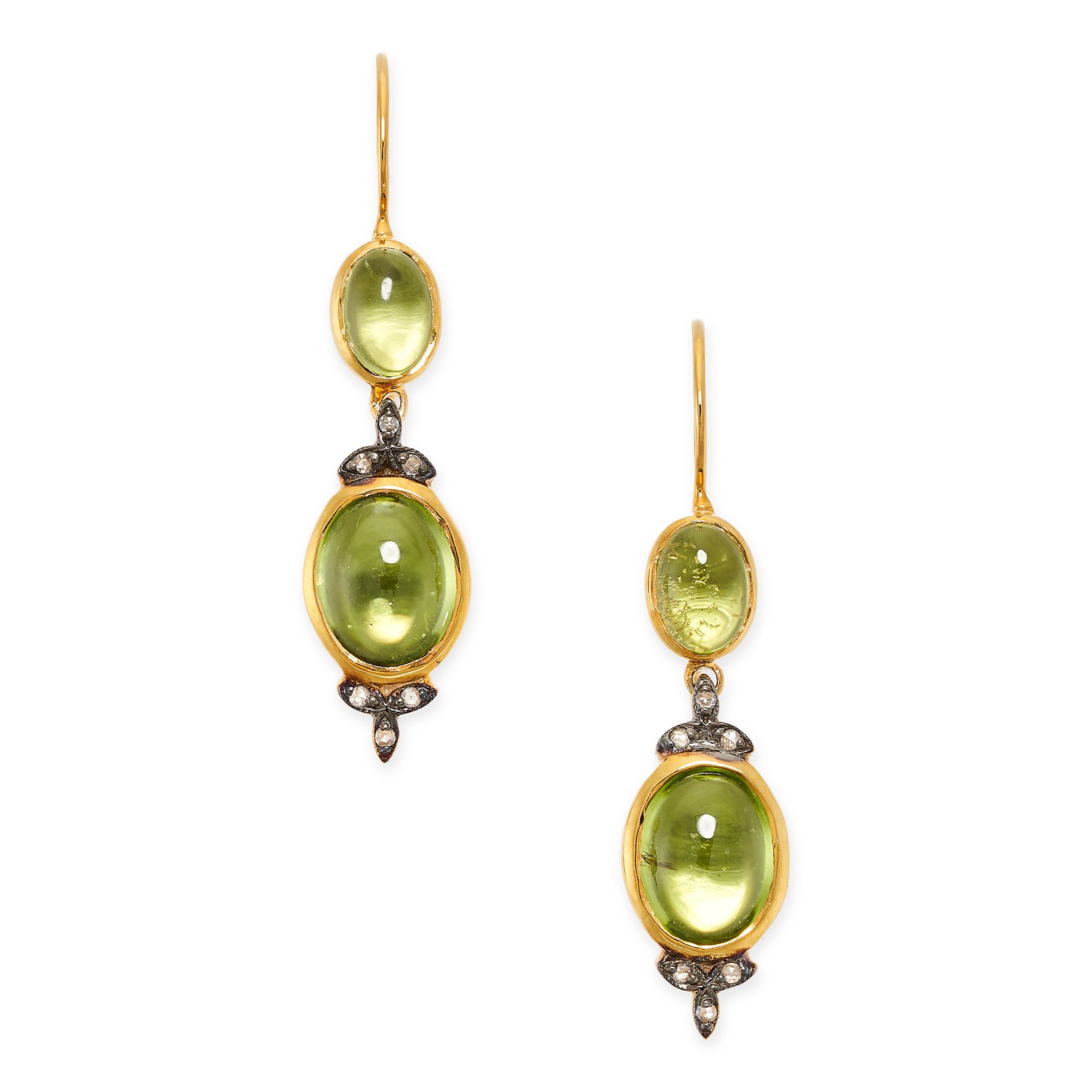 A PAIR OF PERIDOT AND DIAMOND DROP EARRINGS in silver and yellow gold, each set with two graduated