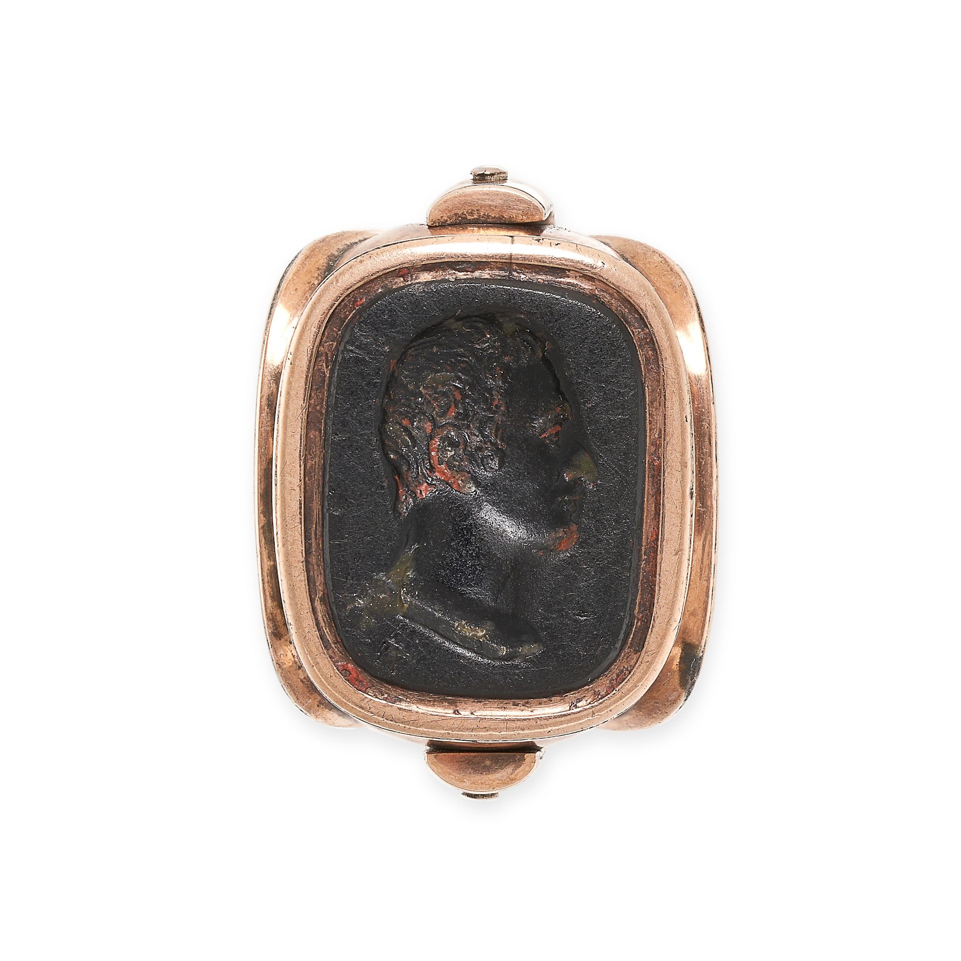 AN ANTIQUE ONYX INTAGLIO AND CARNELIAN ROTATING FOB SEAL PENDANT in yellow gold, the rotating body - Bild 3 aus 3