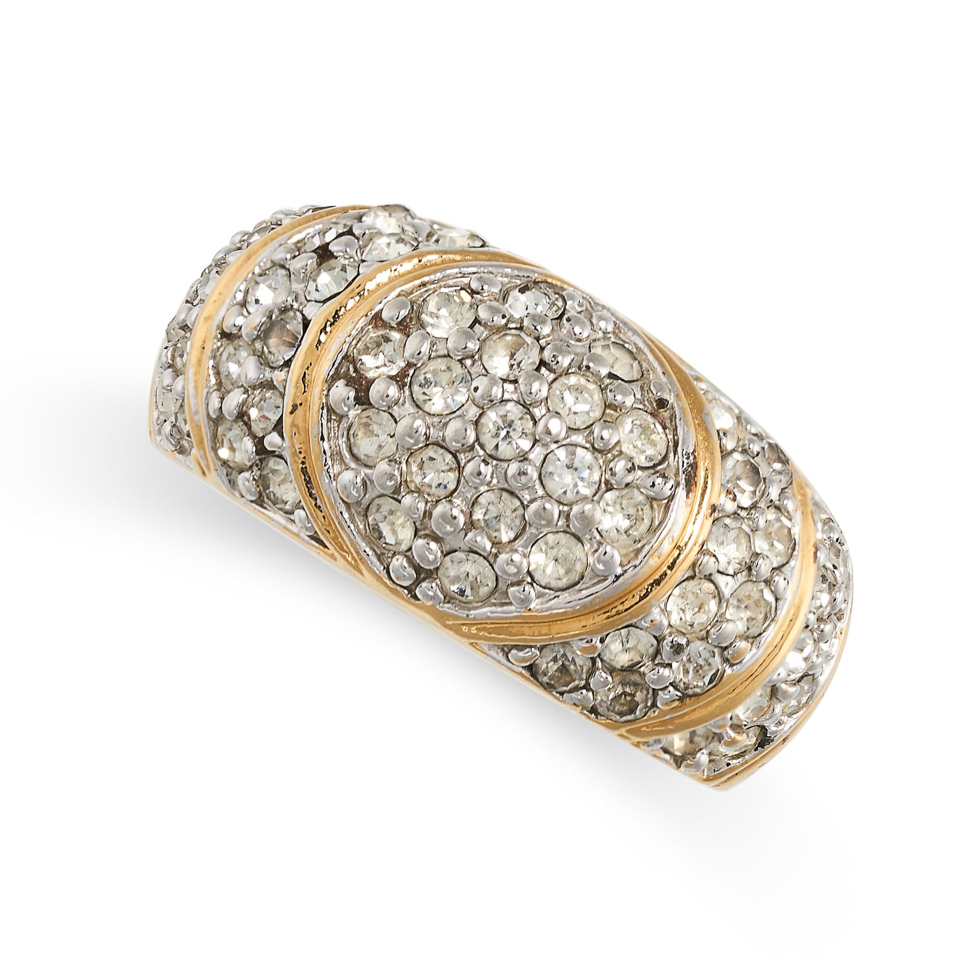 A VINTAGE WHITE GEMSTONE RING in 14ct gold, the bombe face is pave set with round cut white paste