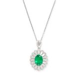 AN EMERALD AND DIAMOND PENDANT NECKLACE in 18ct white gold, set with an oval cut emerald of 1.45