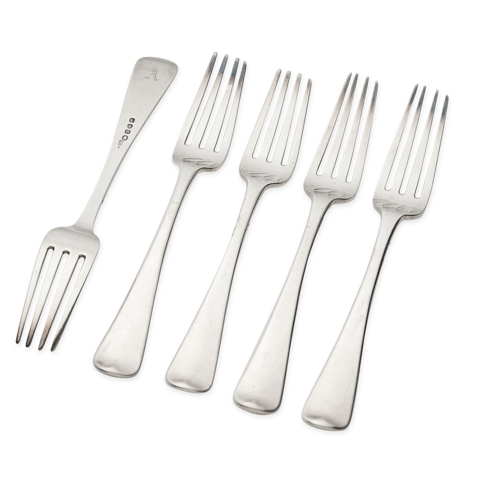 NO RESERVE - FIVE ANTIQUE GEORGE III STERLING SILVER DINNER FORKS, SOLOMON HOUGHAM, LONDON 1807 in
