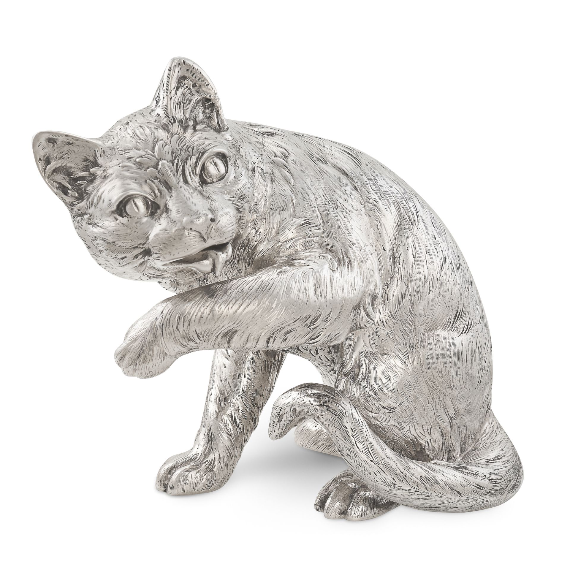 A RARE ANTIQUE GERMAN SILVER STATUE OF A CAT, CIRCA 1900 modelled realistically to depict a seated