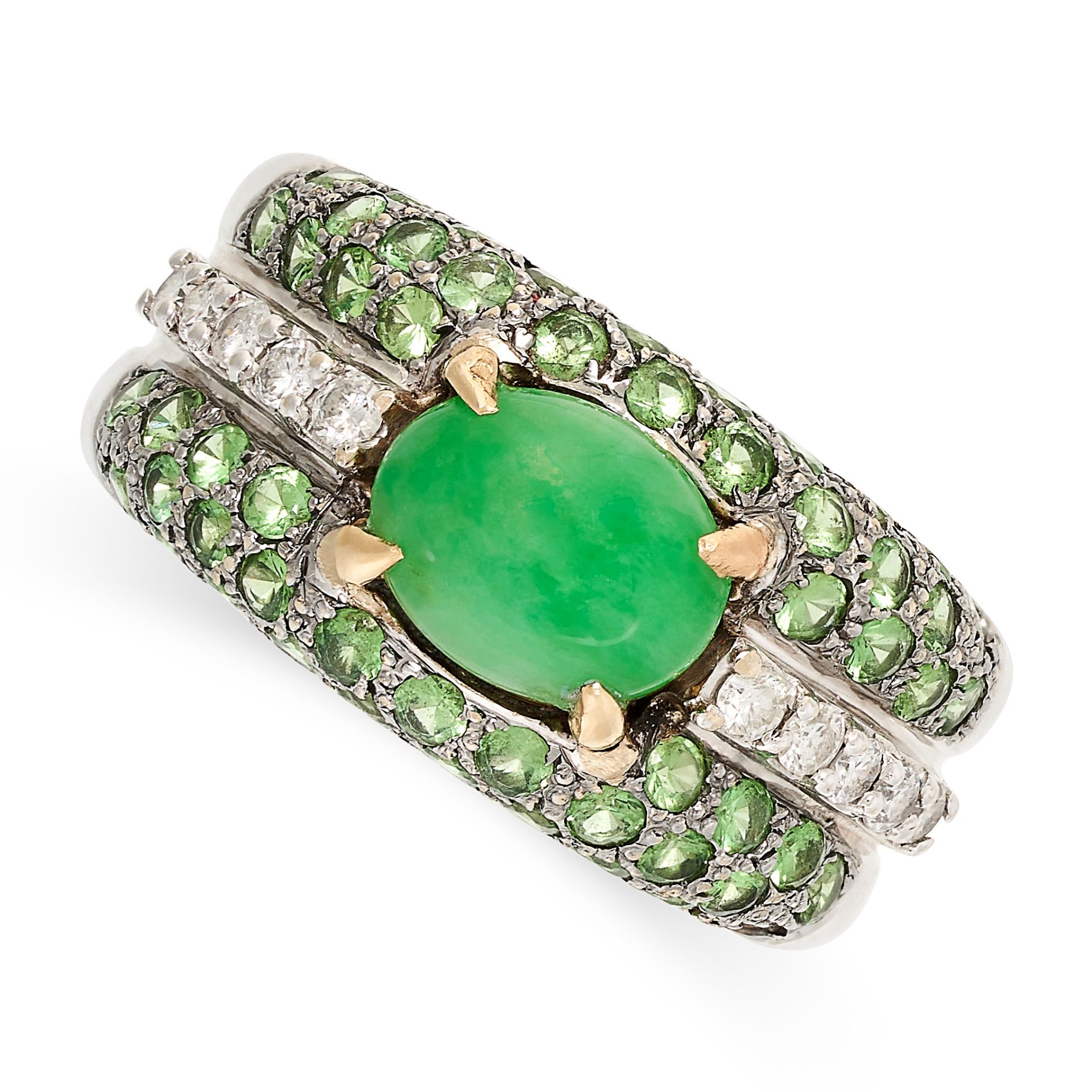 A JADEITE JADE, GREEN GARNET AND DIAMOND RING in 18ct gold, the tapering band set with a cabochon