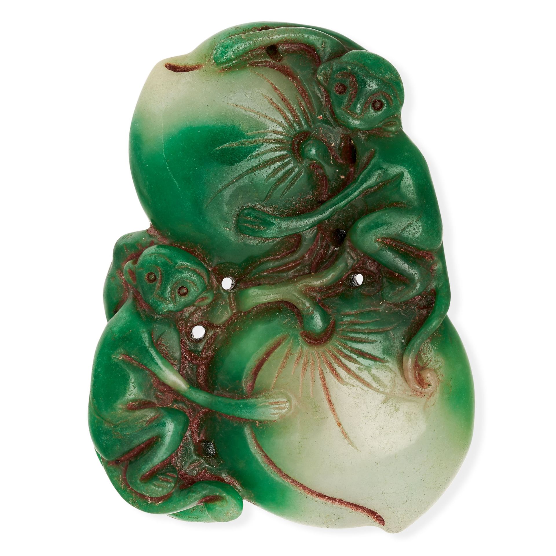 NO RESERVE - A CARVED JADEITE JADE PLAQUE carved in the Chinese style depicting two monkeys climbing