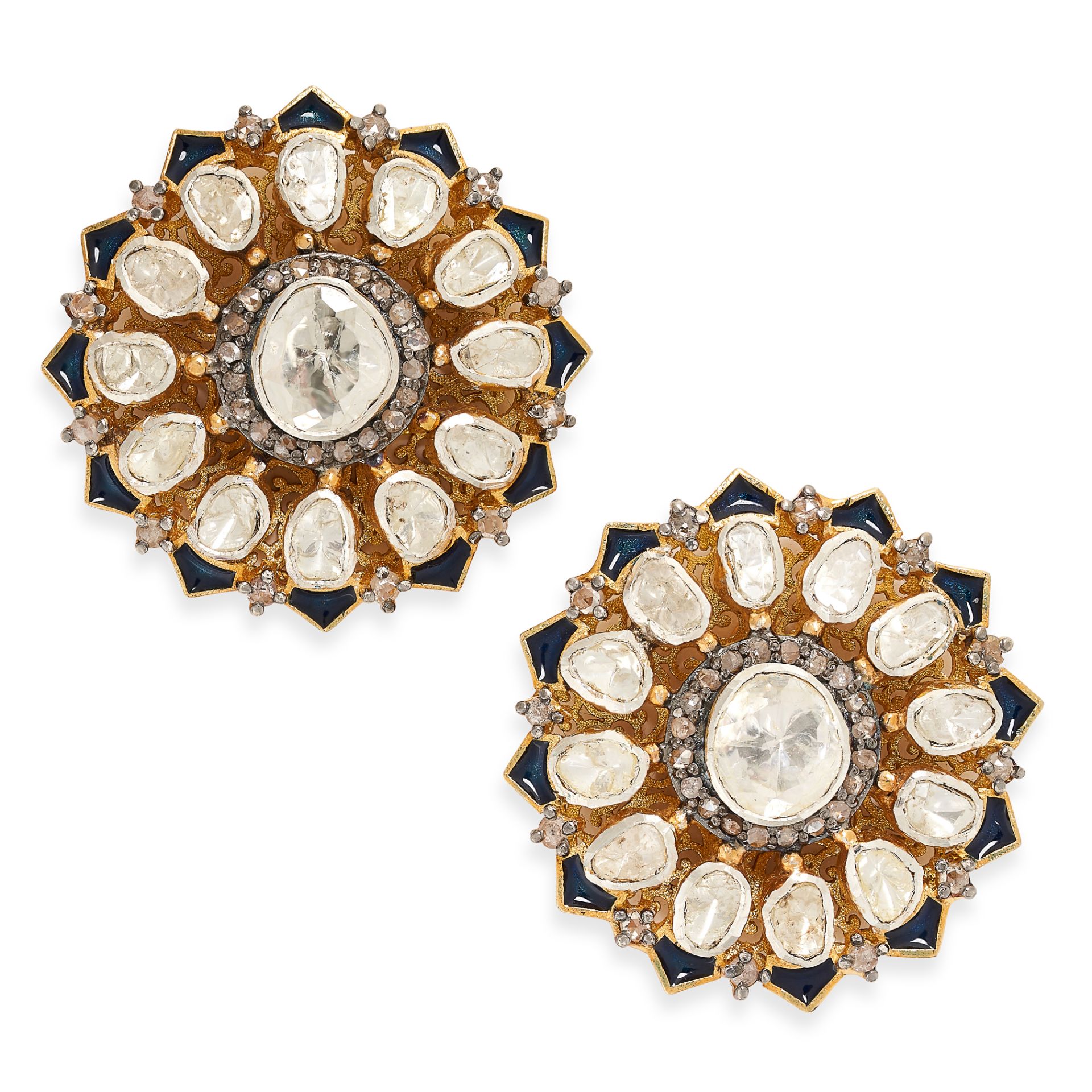 A PAIR OF DIAMOND AND ENAMEL EARRINGS designed as flowers, set with flat cut and rose cut diamonds