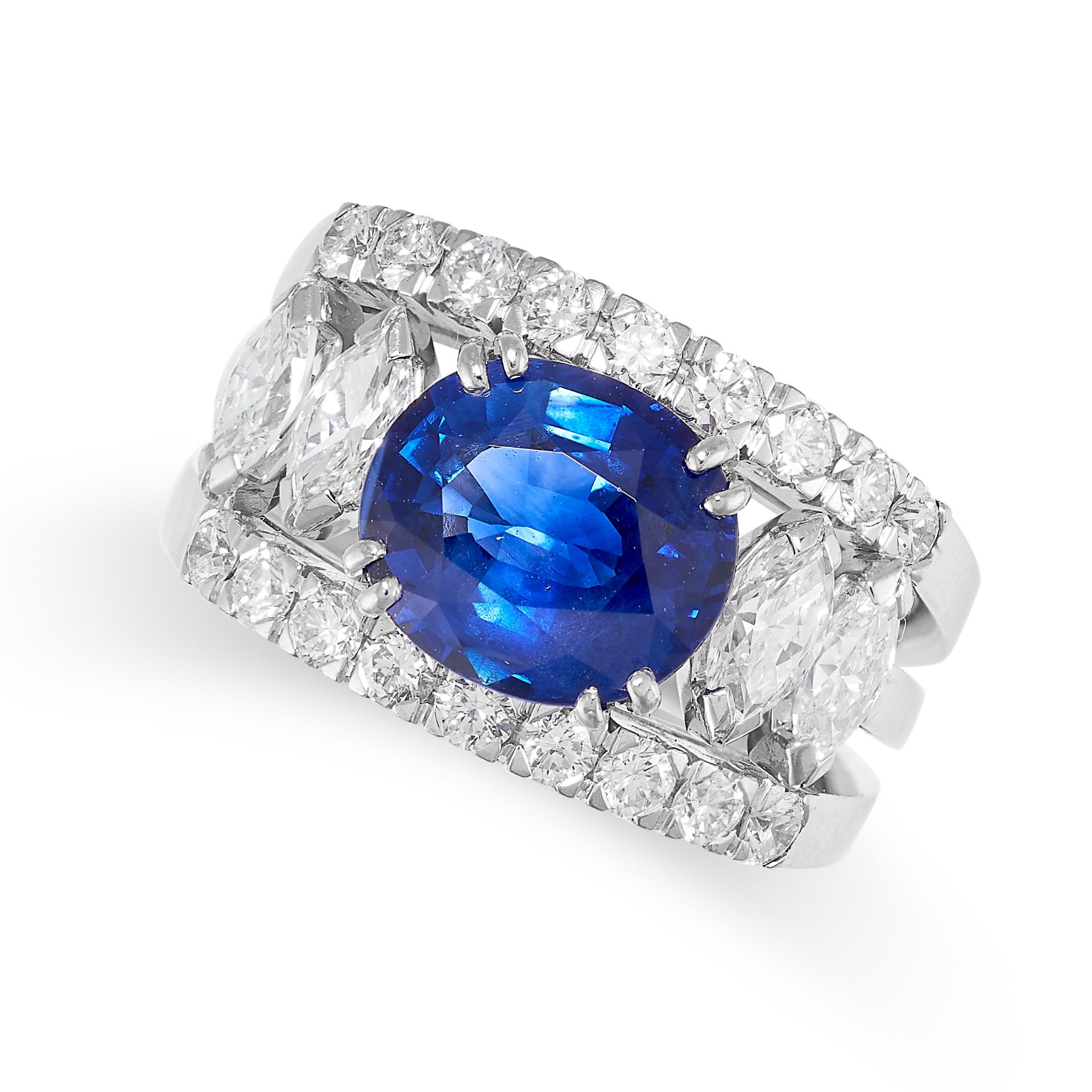 A SAPPHIRE AND DIAMOND RING in 18ct white gold, comprising a cushion cut sapphire of 2.76 carats set