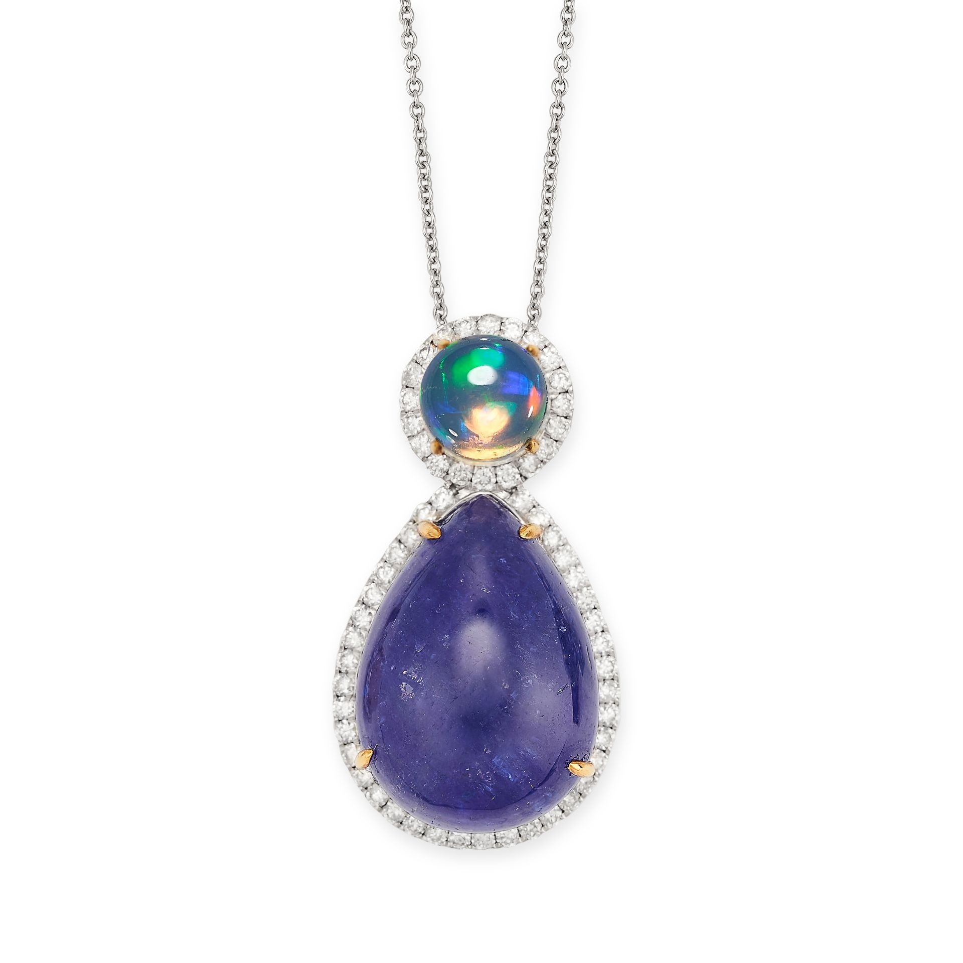 A TANZANITE, OPAL AND DIAMOND PENDANT NECKLACE set with a pear cabochon tanzanite of 16.50 carats