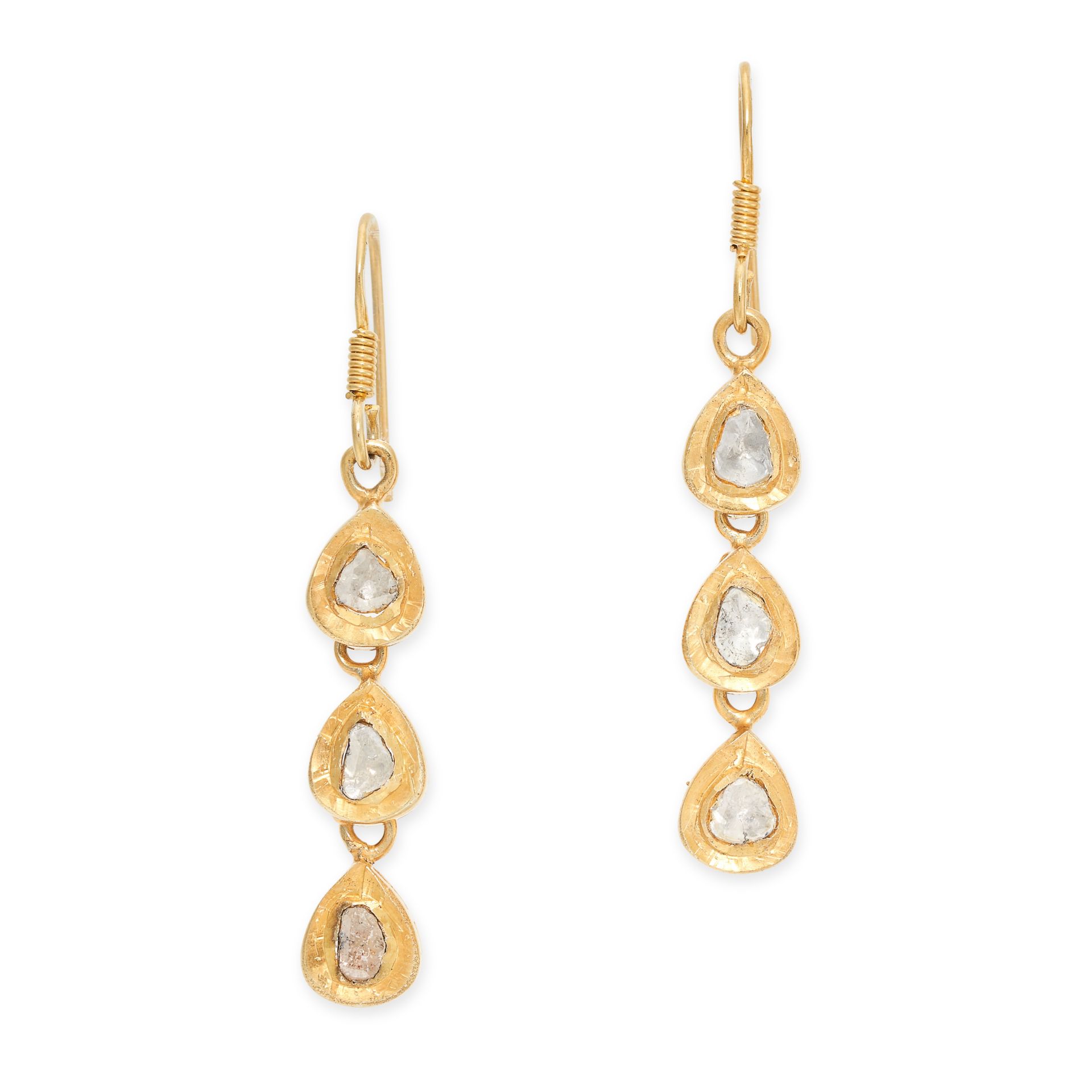 A PAIR OF DIAMOND DROP EARRINGS each set with three flat cut diamonds, stamped 925, 4.4cm, 4.7g.