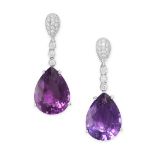 A PAIR OF AMETHYST AND DIAMOND DROP EARRINGS in 18ct white gold, each set with a pear cut amethyst