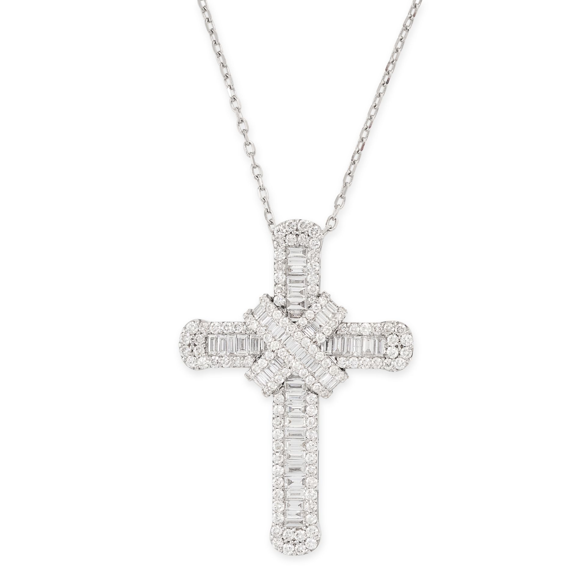 A DIAMOND CROSS PENDANT AND CHAIN set throughout with baguette and round brilliant cut diamonds, all