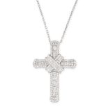 A DIAMOND CROSS PENDANT AND CHAIN set throughout with baguette and round brilliant cut diamonds, all