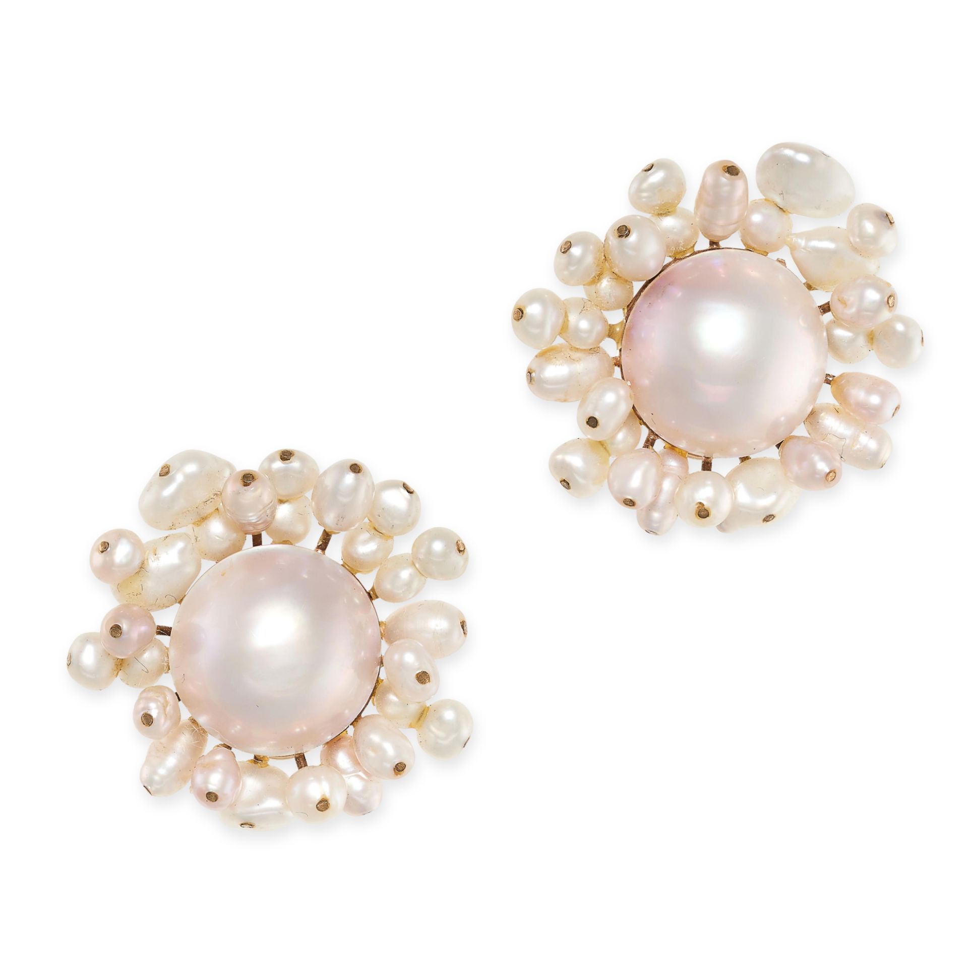 TWO PAIRS OF PEARL CLIP EARRINGS one set with a central mabe pearl in a cluster of baroque pearls,
