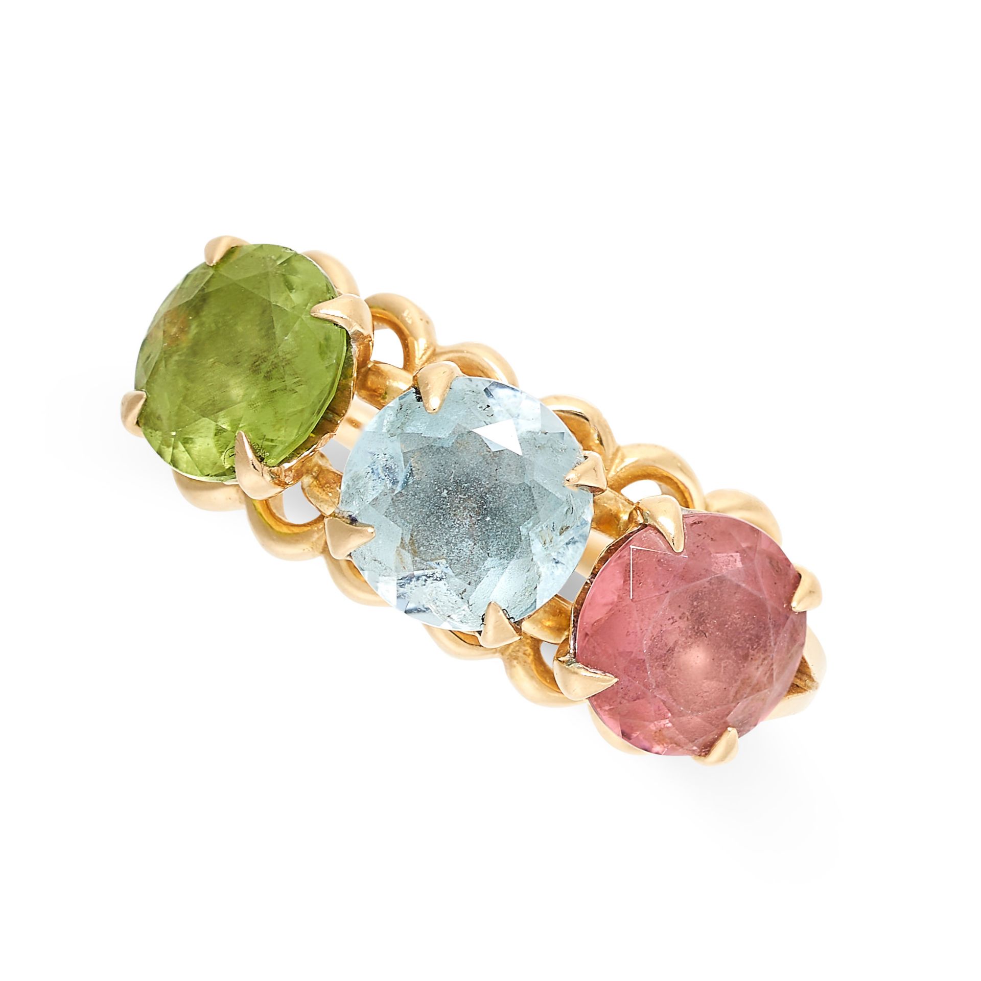 DIOR, A TOURMALINE, TOPAZ AND PERIDOT RING in 18ct yellow gold, set with a round cut pink