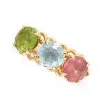 DIOR, A TOURMALINE, TOPAZ AND PERIDOT RING in 18ct yellow gold, set with a round cut pink