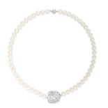 A PEARL AND DIAMOND NECKLACE comprising a single row of pearls of 7.8mm, with pendant designed as