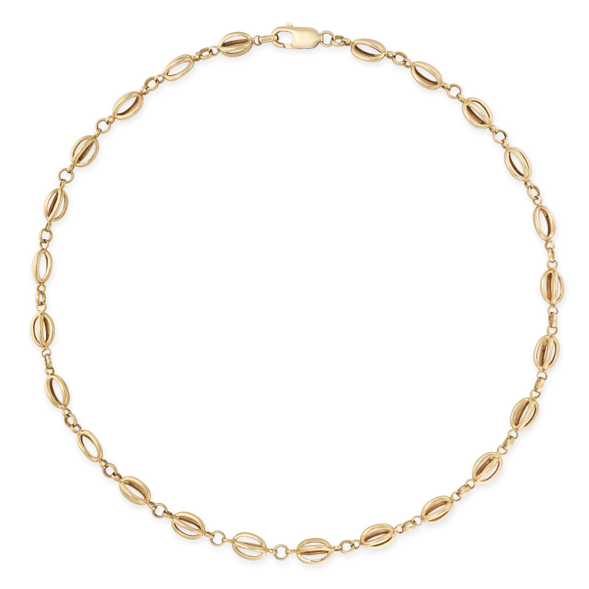 A VINTAGE GOLD NECKLACE in 9ct yellow gold, comprising a single row of open oval fancy links