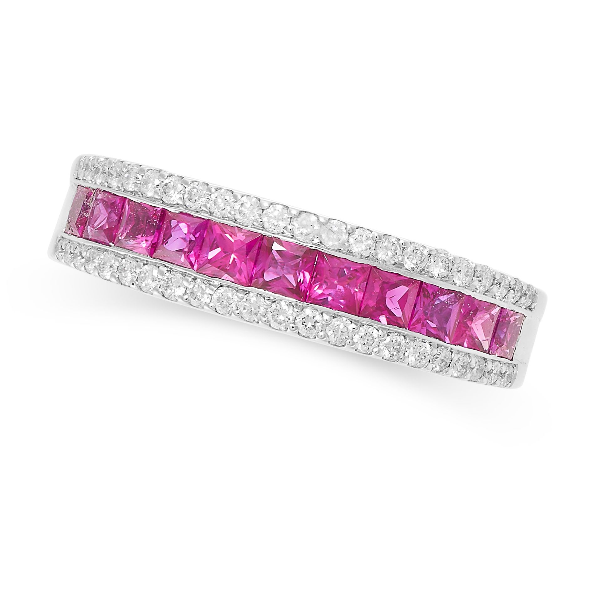 A RUBY AND DIAMOND ETERNITY RING in 18ct gold, set with a central row of French cut rubies between