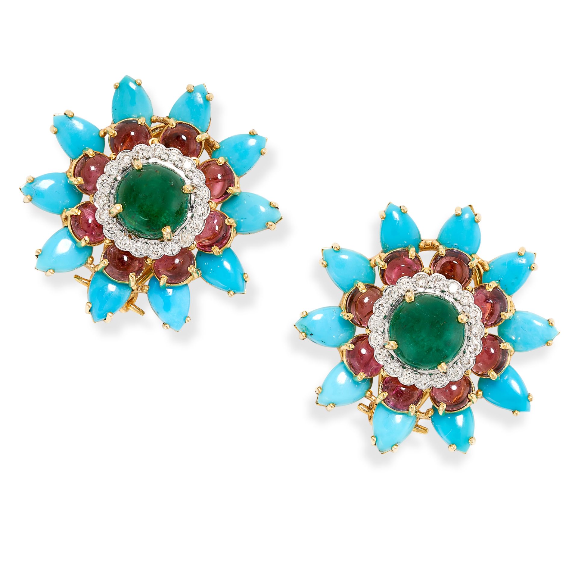 A PAIR OF EMERALD, DIAMOND, GARNET AND TURQUOISE EARCLIPS each set with a cabochon emerald in a