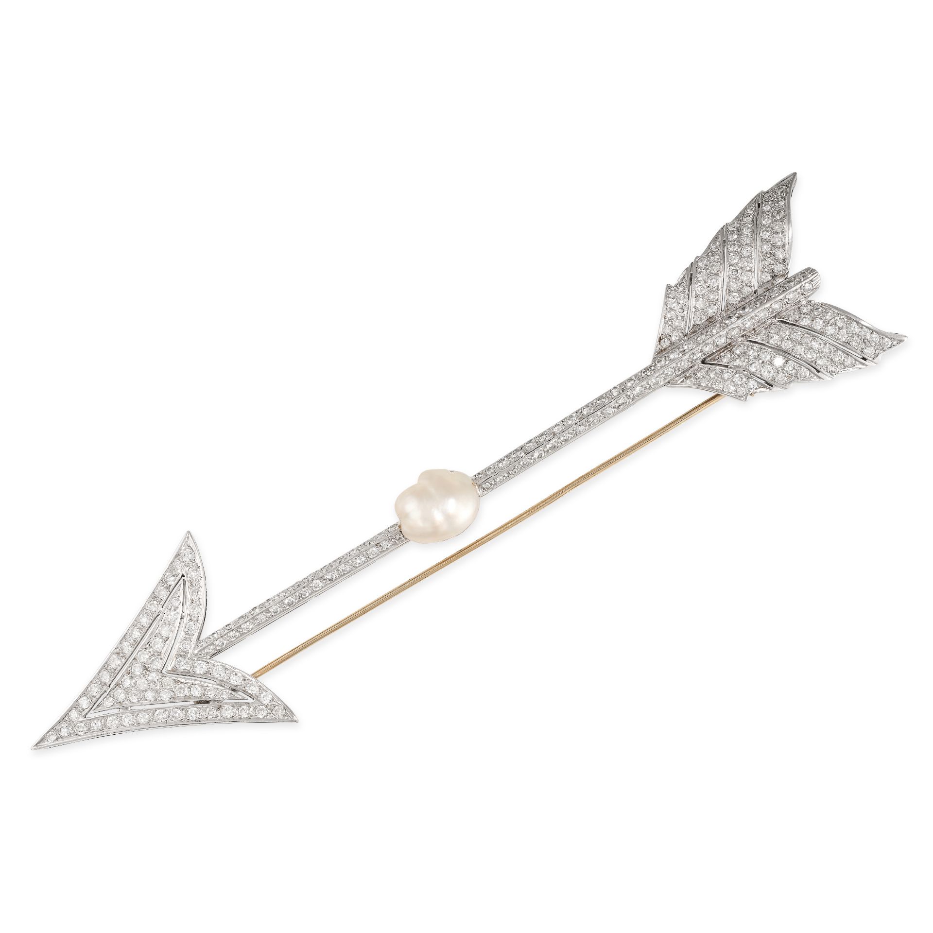 A NATURAL PEARL AND DIAMOND ARROW BROOCH the arrow pave set with round brilliant cut diamonds and