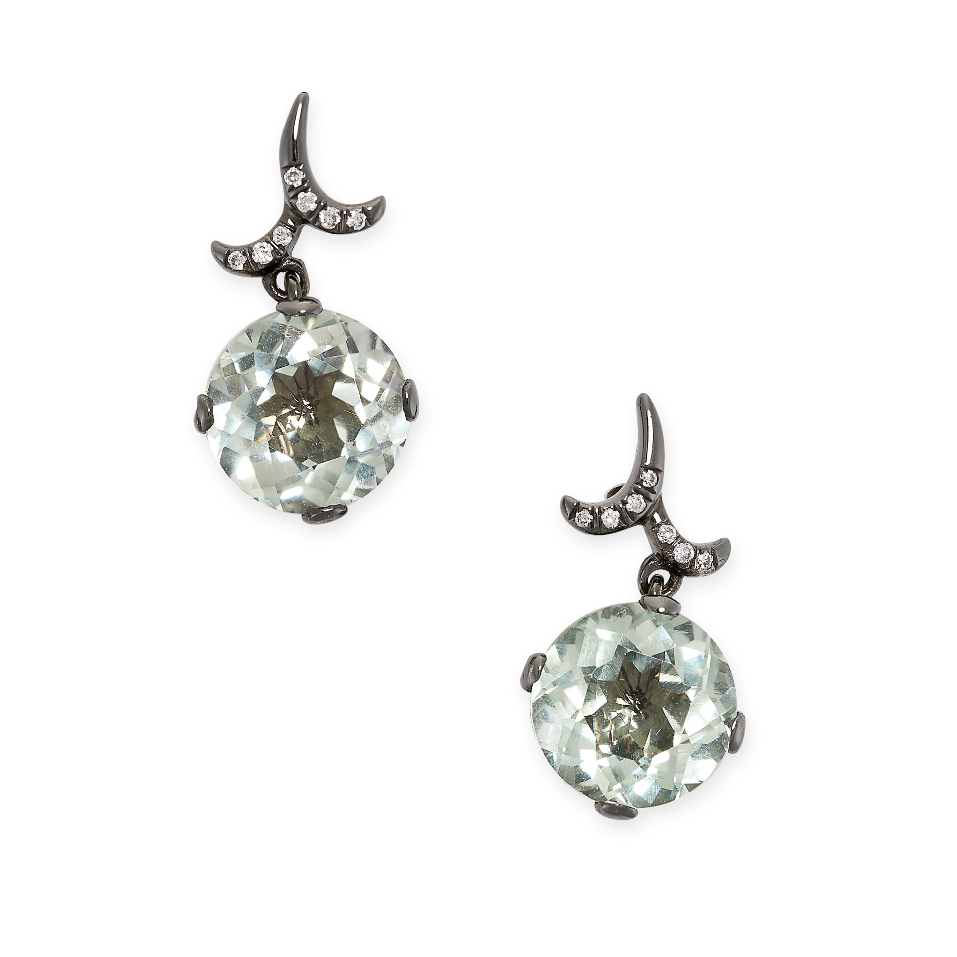 A PAIR OF PRASIOLITE EARRINGS each comprising a scrolling design set with round brilliant diamonds