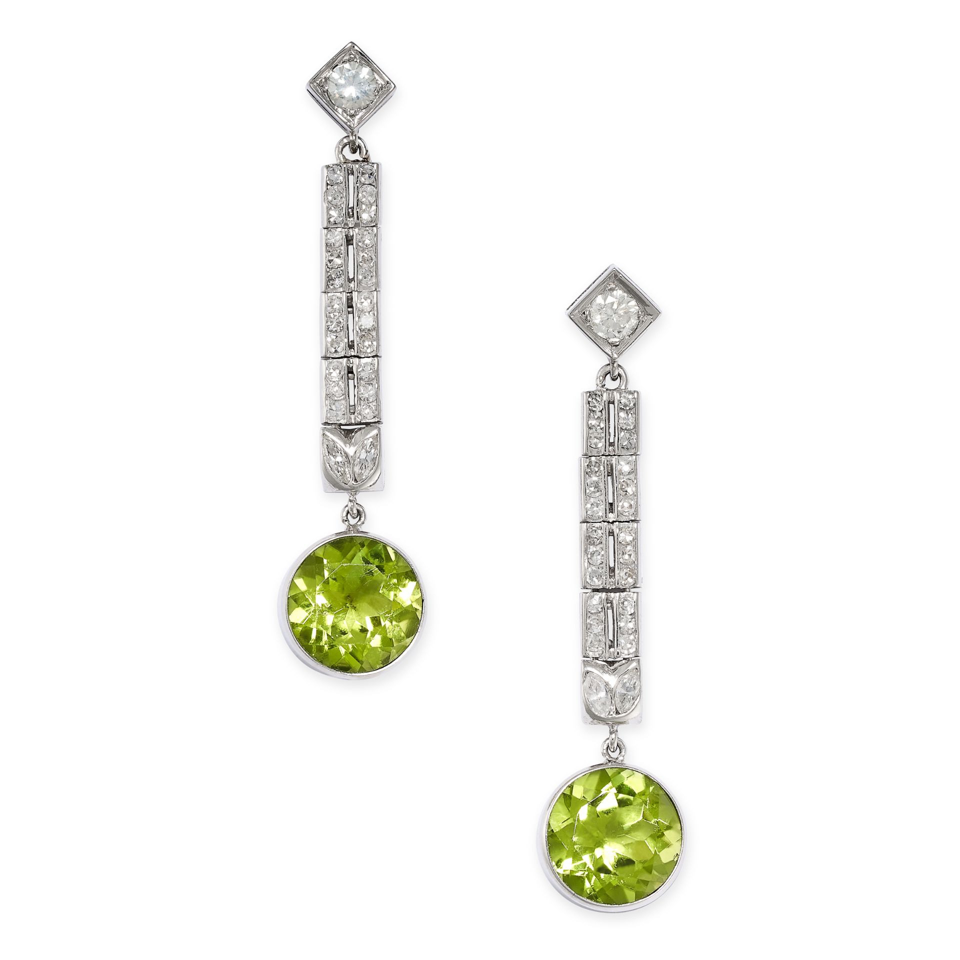 A PAIR OF PERIDOT AND DIAMOND DROP EARRINGS in platinum, each set with a row of round cut