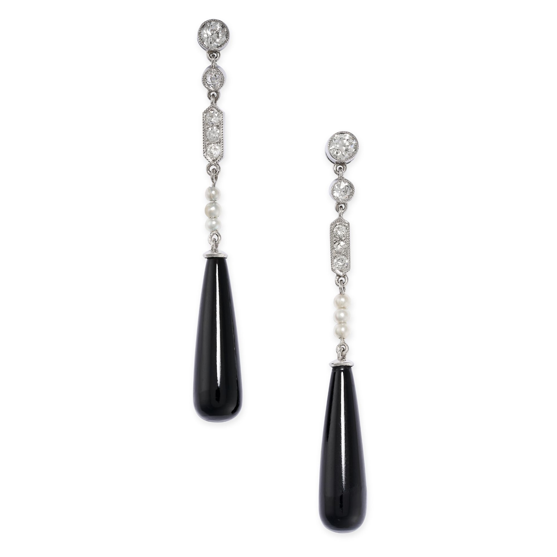 A PAIR OF ONYX, PEARL AND DIAMOND EARRINGS in platinum, each set with a polished onyx drop