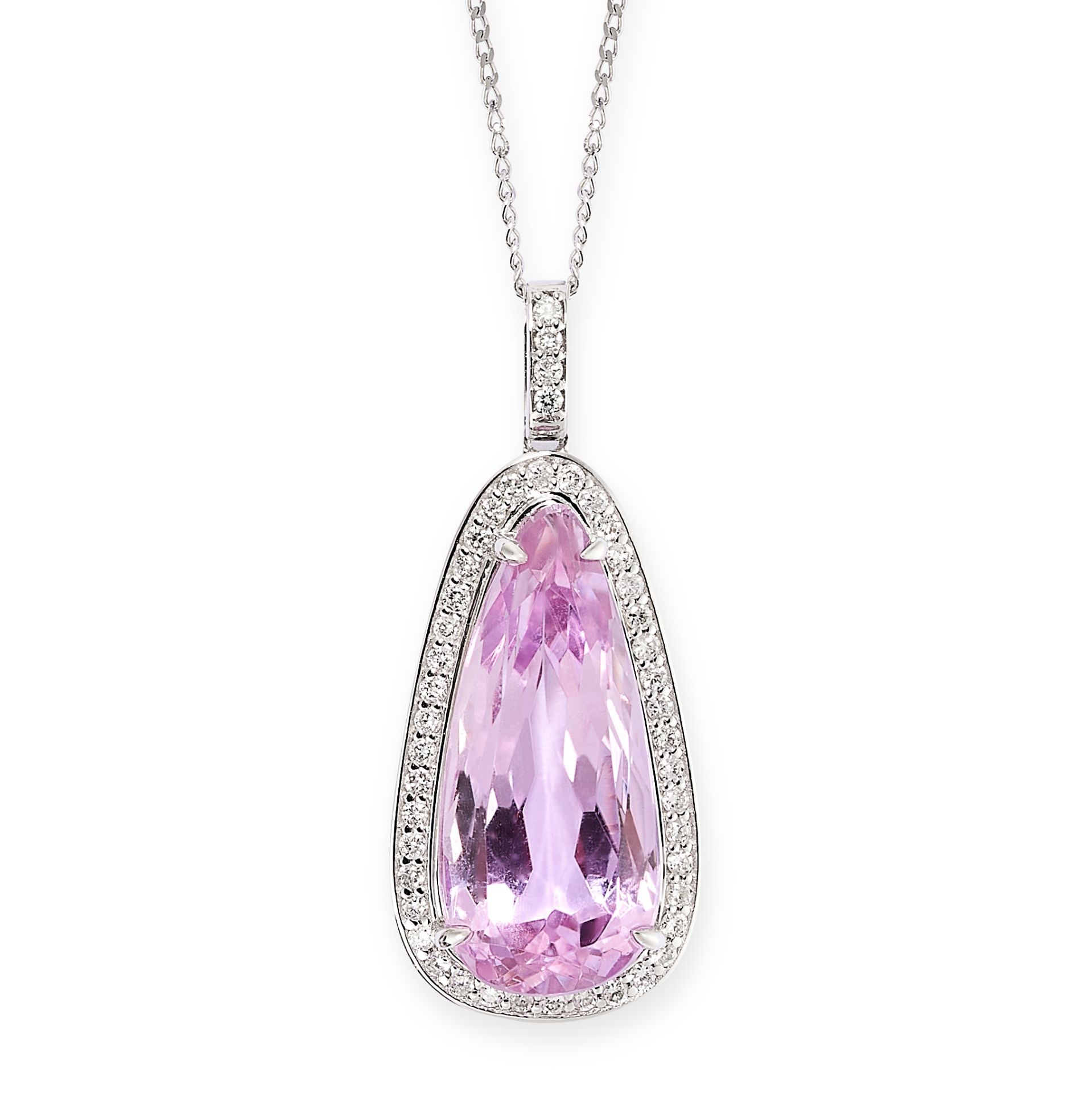 A KUNZITE AND DIAMOND PENDANT NECKLACE in 18ct gold, set with a pear cut kunzite of 6.41 carats with
