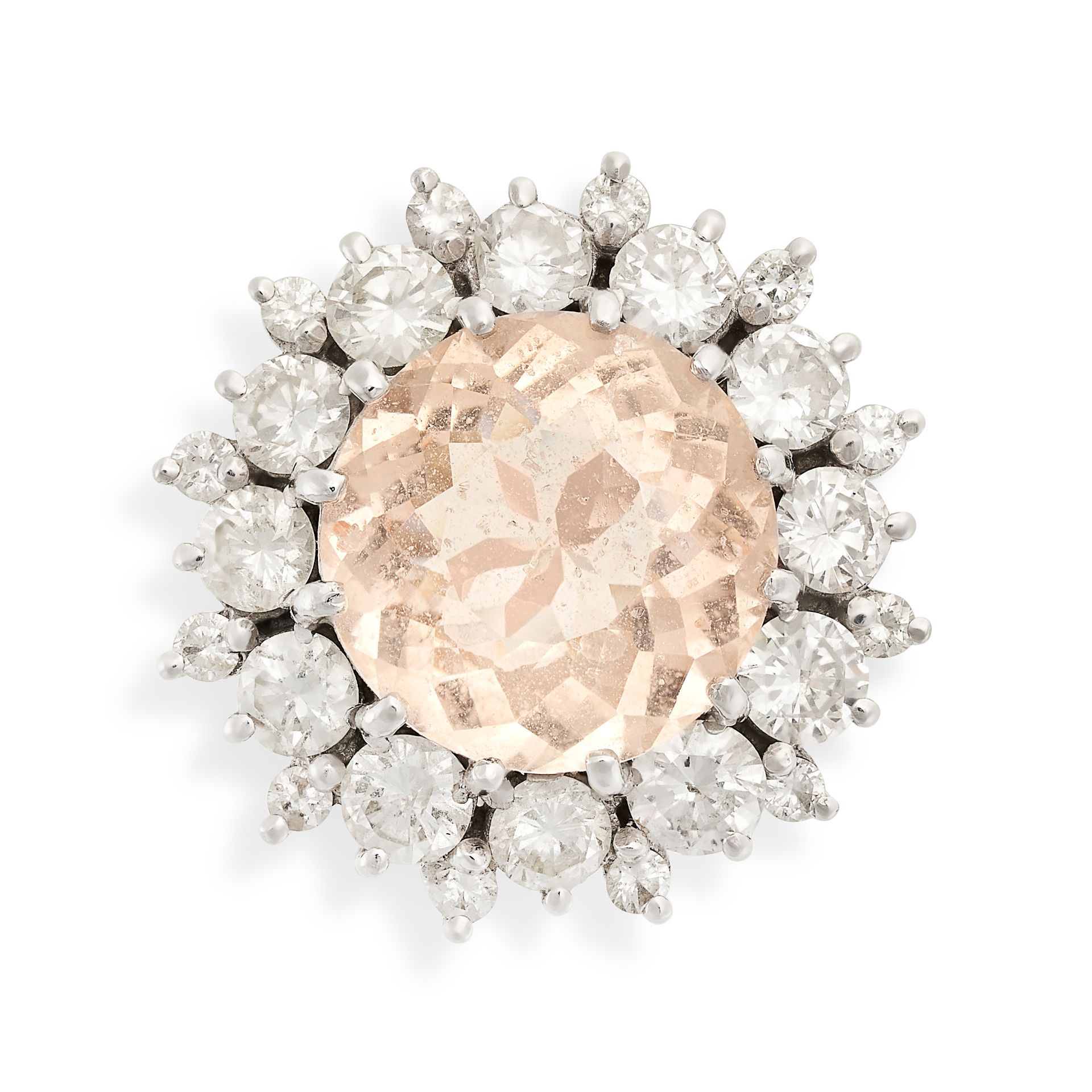 A MORGANITE AND DIAMOND CLUSTER RING set with a round cut morganite of 3.91 carats in a cluster of