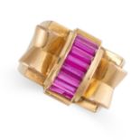 A RETRO SYNTHETIC RUBY COCKTAIL RING, CIRCA 1945 in 18ct yellow gold, set with a row of baguette cut