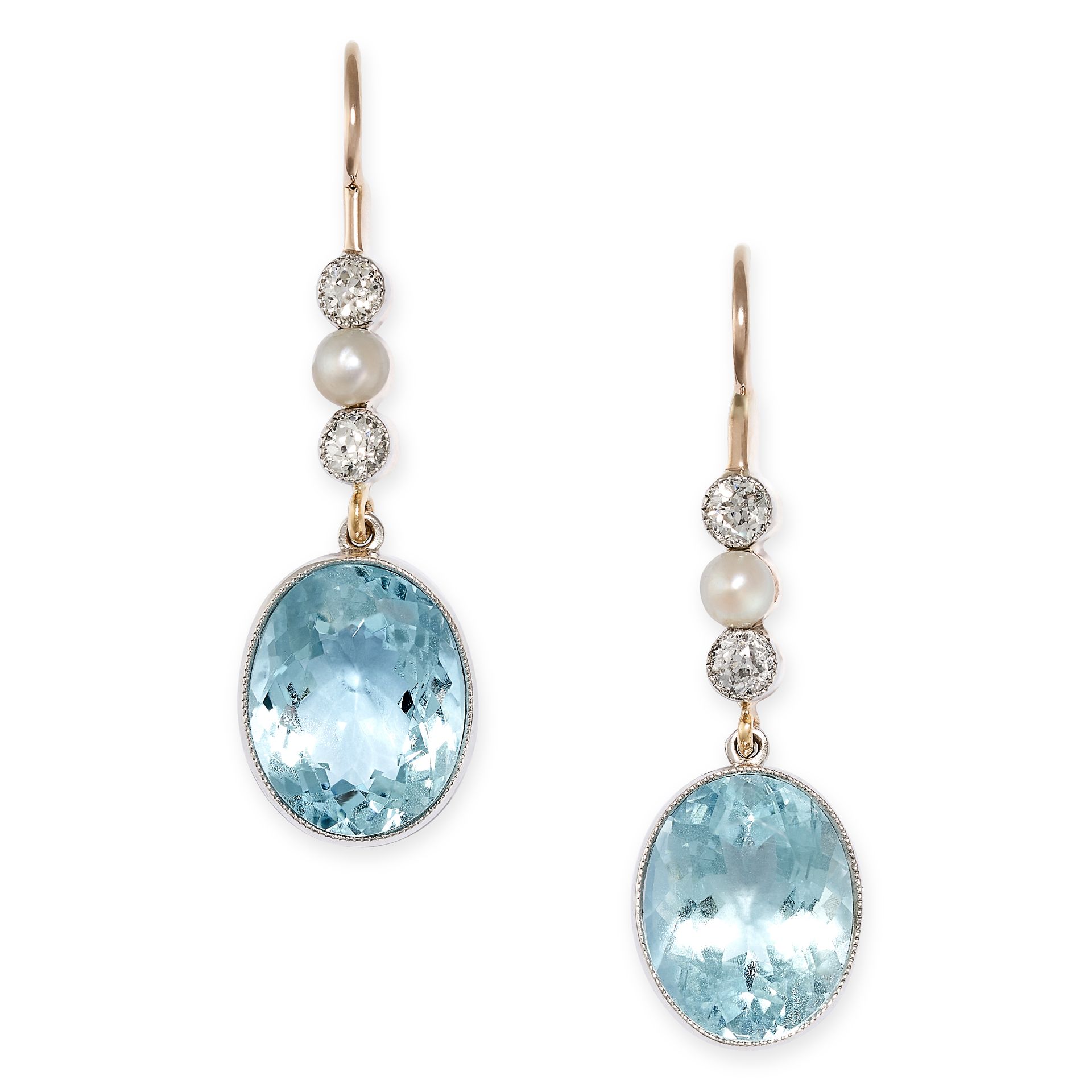A PAIR OF AQUAMARINE, DIAMOND AND PEARL EARRINGS each set with old cut diamonds and a pearl,