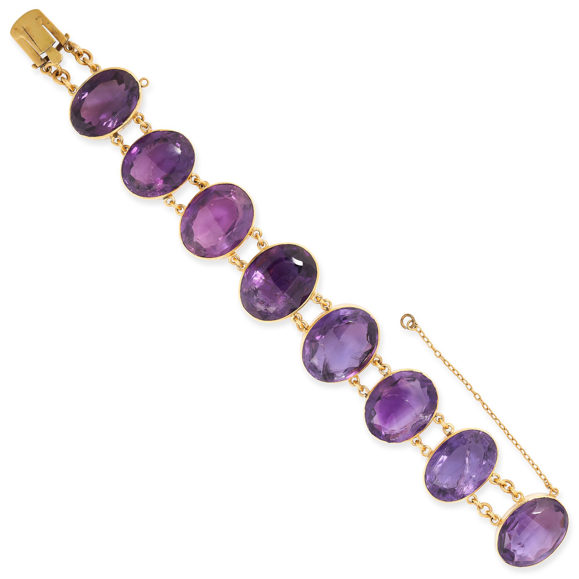 AN AMETHYST BRACELET set with eight oval cut amethysts between double chain links, no assay marks,