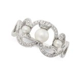 A PEARL AND DIAMOND RING designed as three flowers, each set with a pearl in a scrolling design