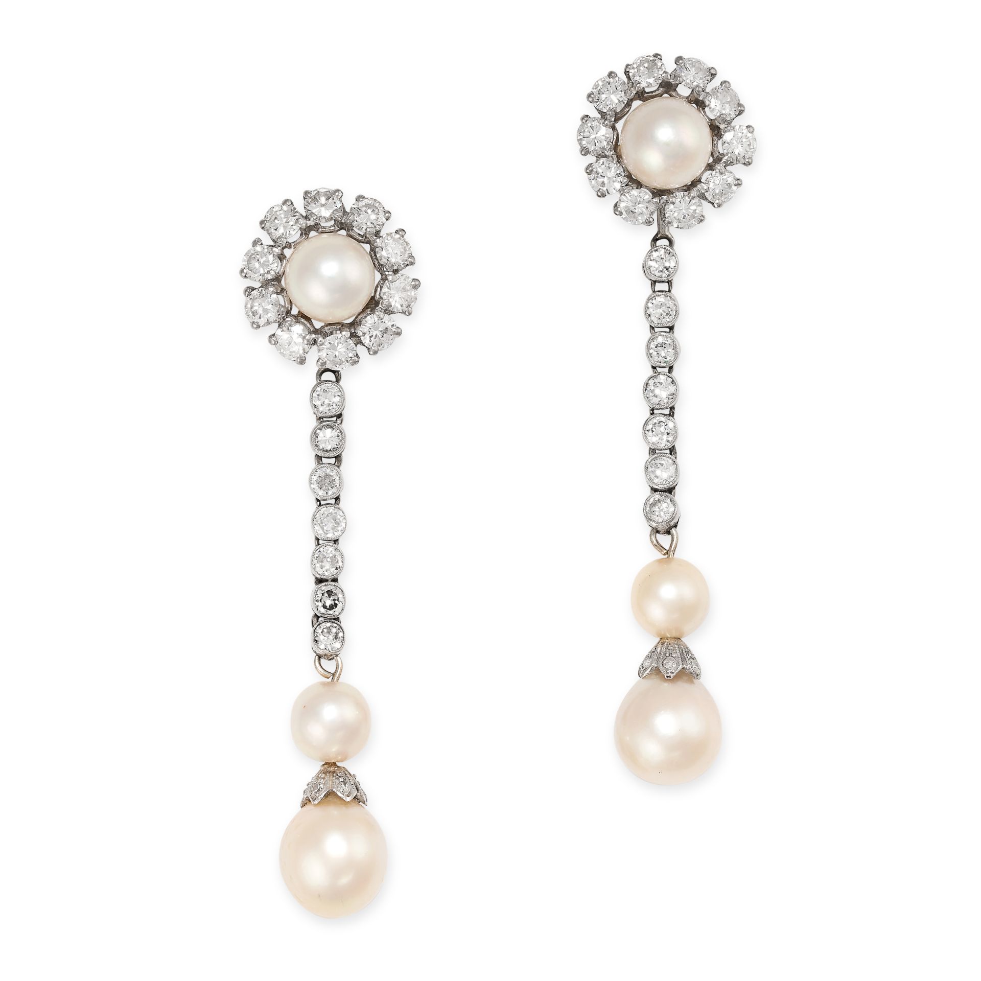 A PAIR OF DIAMOND AND PEARL DROP EARRINGS each set with a pearl within a border of round brilliant