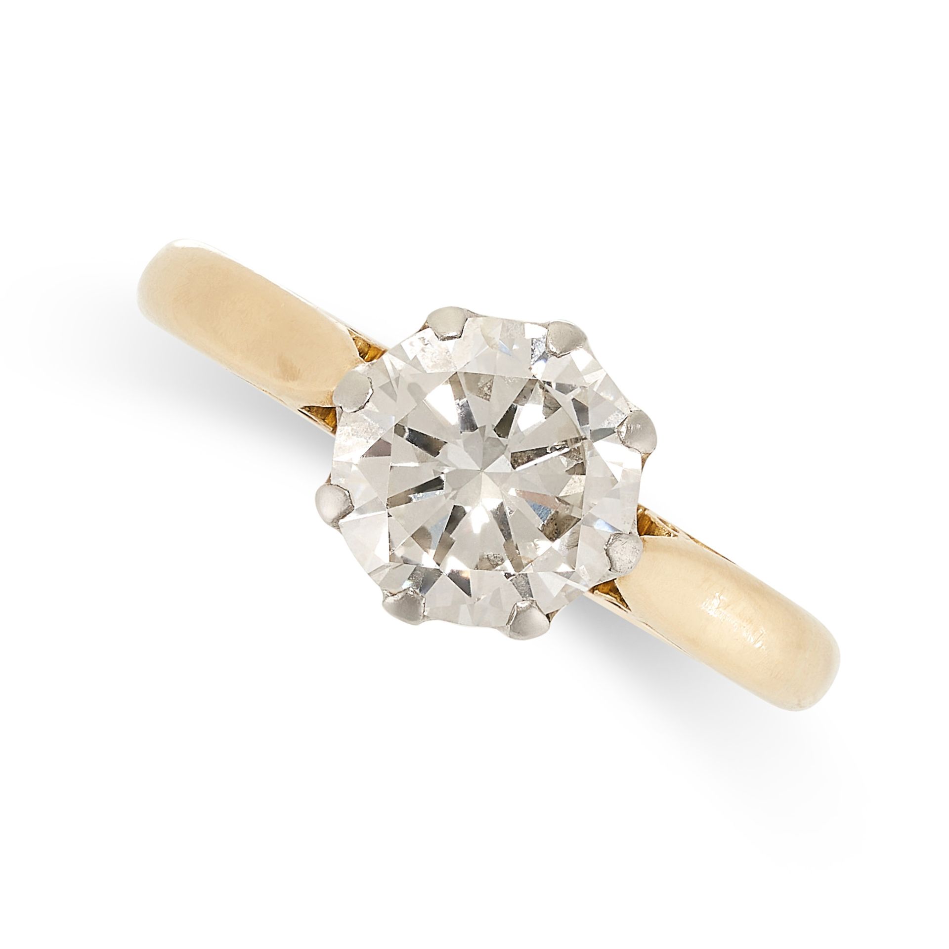 A SOLITAIRE DIAMOND ENGAGEMENT RING in 18ct yellow gold, set with a round brilliant cut diamond of