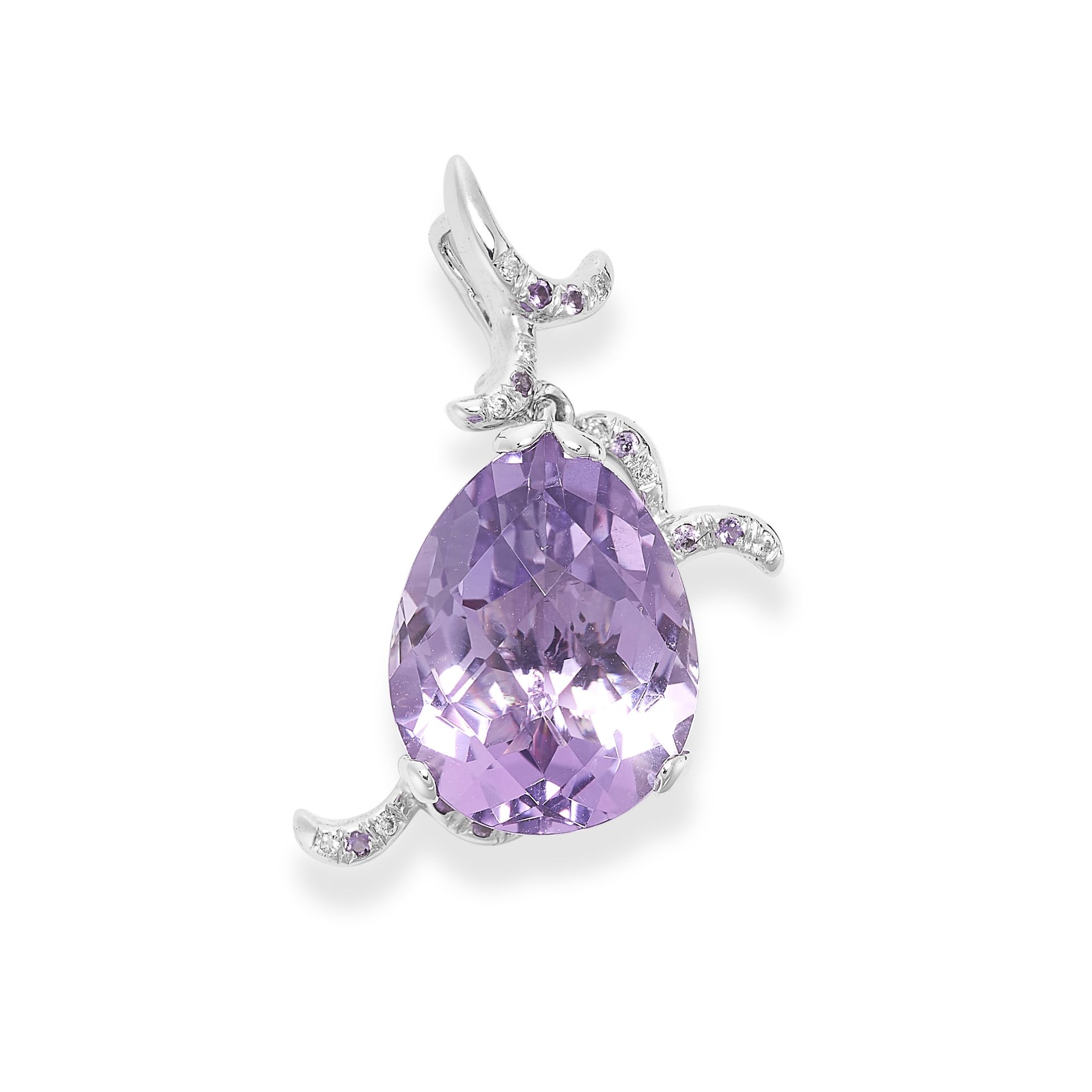 AN AMETHYST PENDANT set with a fancy cut amethyst accented by a scrolling design set with diamonds