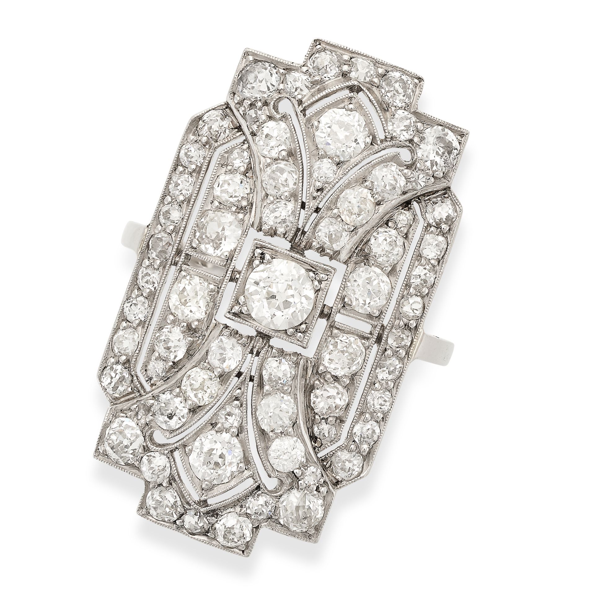 AN ANTIQUE DIAMOND PLAQUE RING in platinum, set with old cut diamonds totalling 2.0-2.2 carats, H.