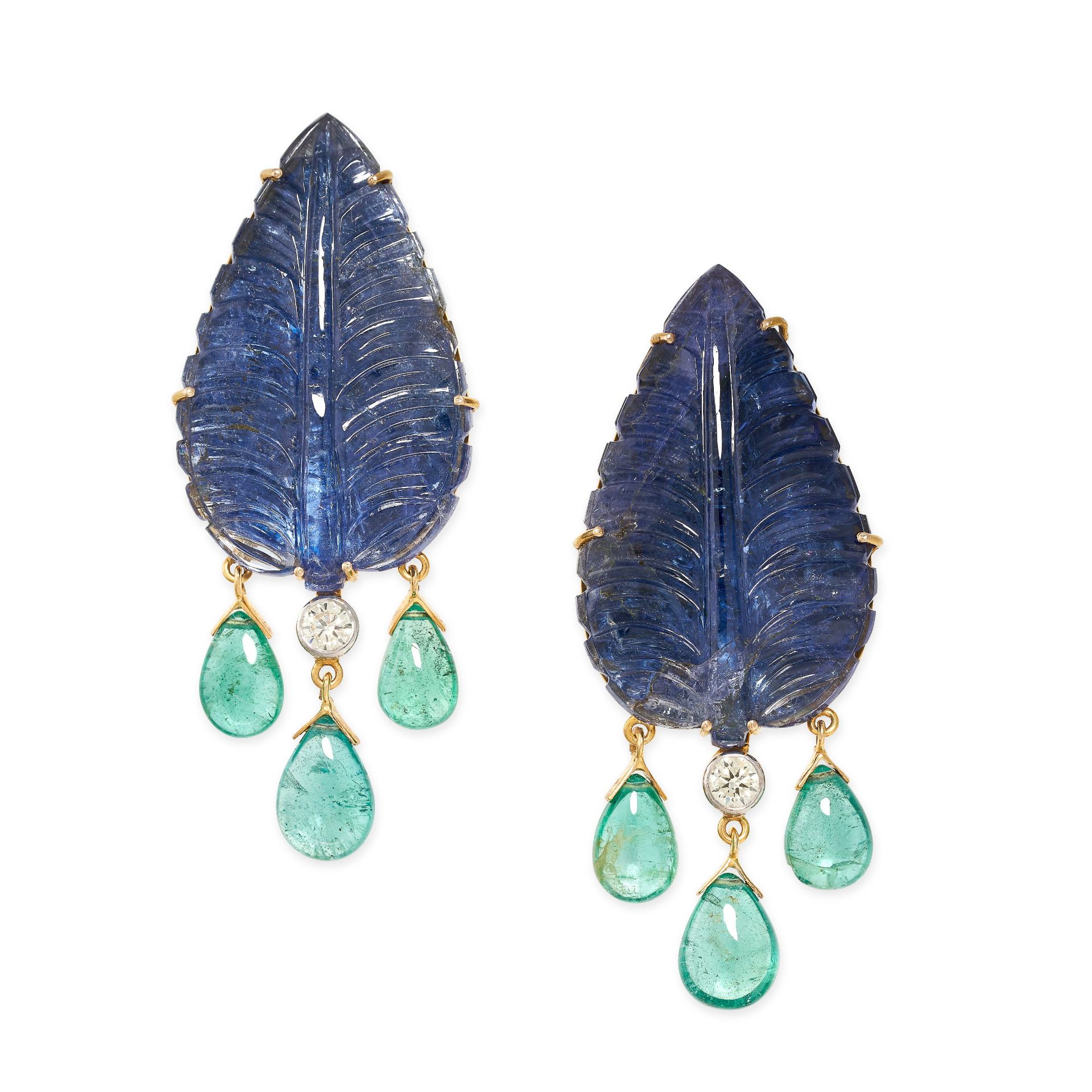 A PAIR OF TANZANITE, DIAMOND AND EMERALD EARRINGS in 18ct yellow gold, each set with a carved