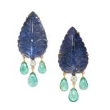 A PAIR OF TANZANITE, DIAMOND AND EMERALD EARRINGS in 18ct yellow gold, each set with a carved