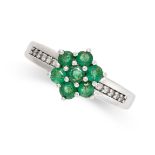 AN EMERALD DRESS RING in sterling silver, set with a cluster of round cut emeralds, accented by rows