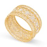 A DIAMOND BANGLE in yellow gold, in foliate design, set with round brilliant cut diamonds all