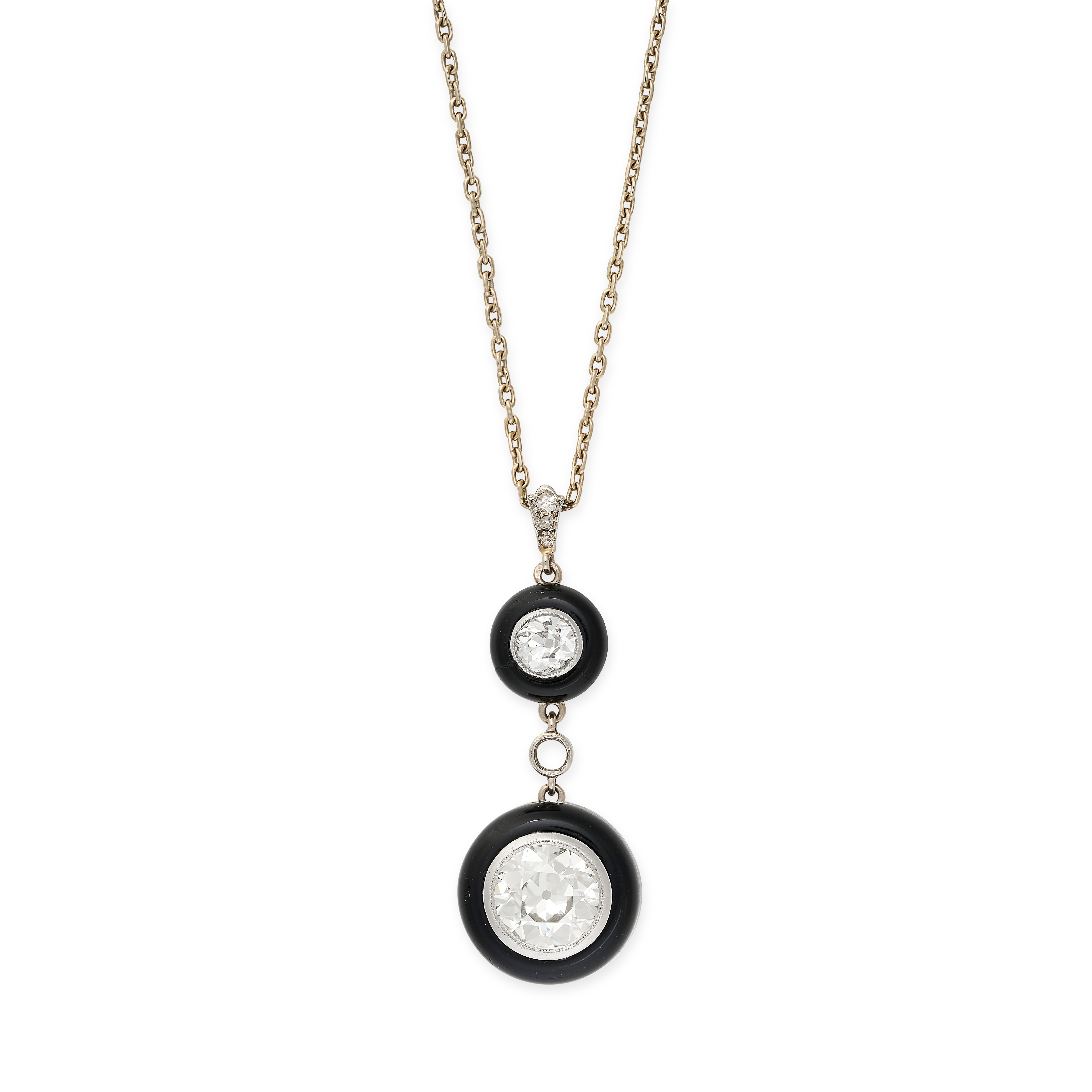 AN ONYX AND DIAMOND PENDANT NECKLACE comprising two drops, each set with an old cut diamond of 0.