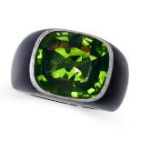HEMMERLE, A GREEN TOURMALINE RING in 18ct white gold and iron, the blackened iron band set with a