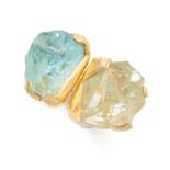 AN AQUAMARINE AND GREEN BERYL DRESS RING in yellow gold, set with a rough aquamarine and green beryl