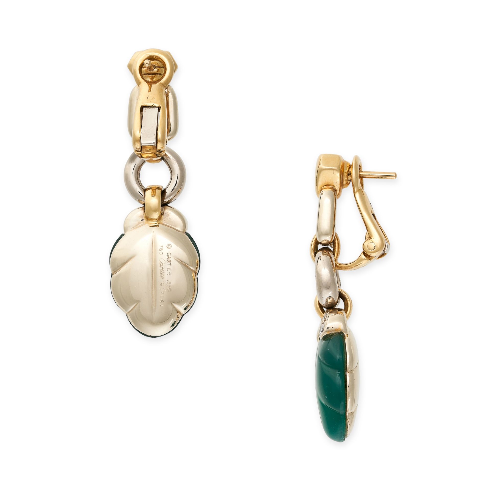 CARTIER, A PAIR OF CHRYSOPRASE AND DIAMOND EARRINGS, 1990 in 18ct white and yellow gold, each - Bild 2 aus 2