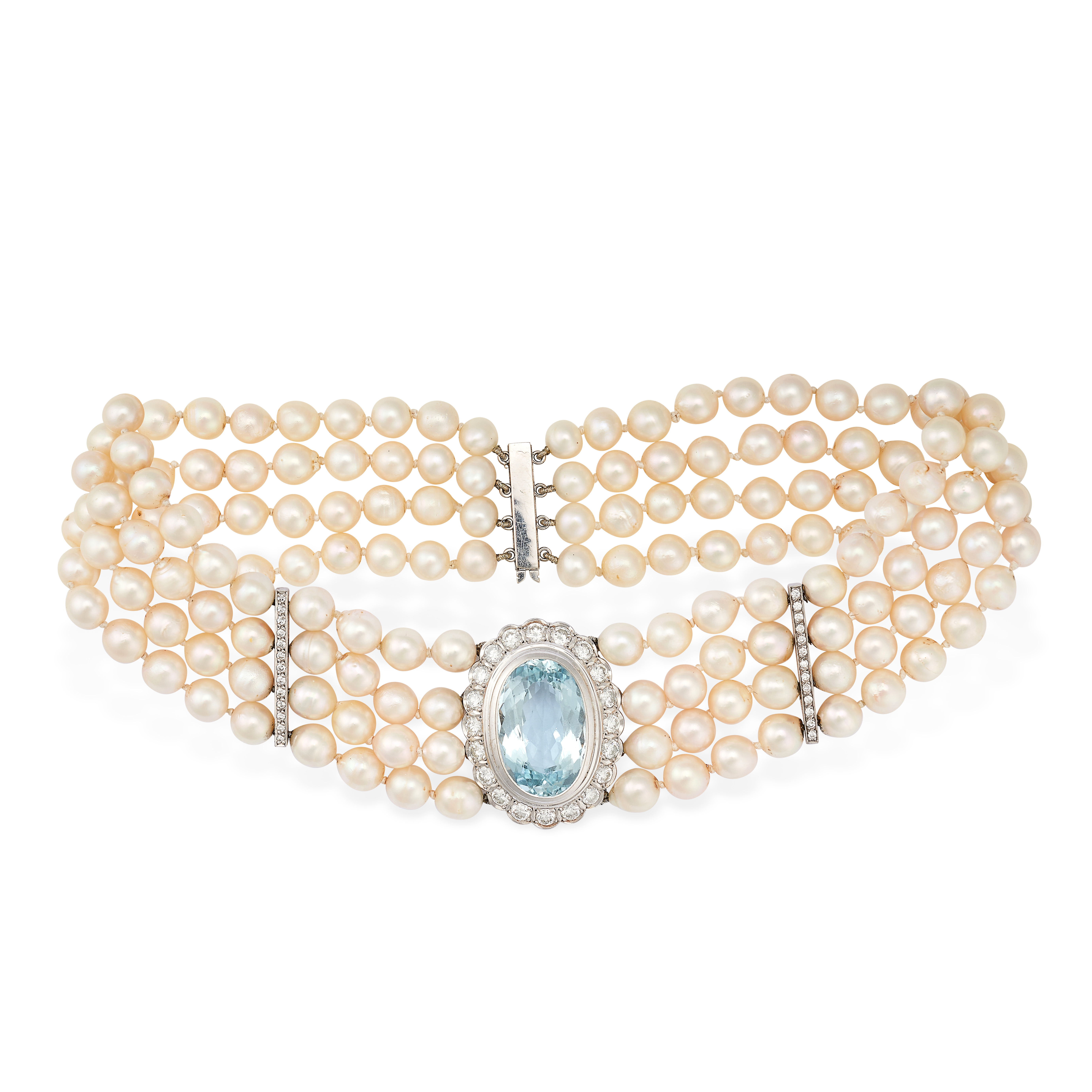 THEO FENNEL, AN AQUAMARINE, DIAMOND AND PEARL CHOKER NECKLACE, 1991 in 18ct white gold, set with a