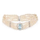 THEO FENNEL, AN AQUAMARINE, DIAMOND AND PEARL CHOKER NECKLACE, 1991 in 18ct white gold, set with a