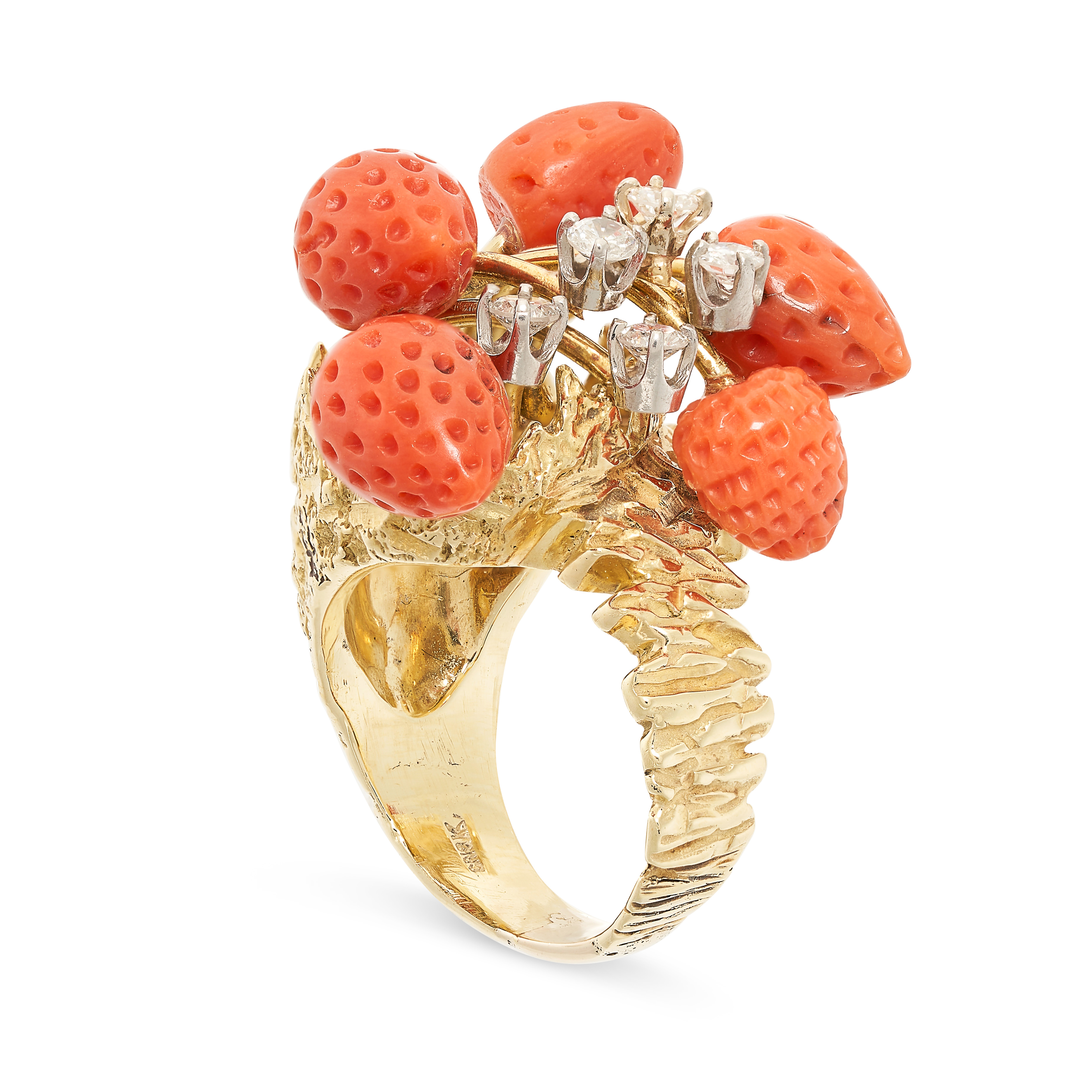 A VINTAGE CORAL AND DIAMOND RING in 18ct yellow gold, the textured gold band set with five carved - Image 2 of 2