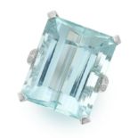 AN AQUAMARINE AND DIAMOND COCKTAIL RING in 18ct white gold, set with a rectangular step cut