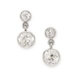 A PAIR OF DIAMOND DROP EARRINGS in 18ct white gold, each comprising an old cut diamond stud