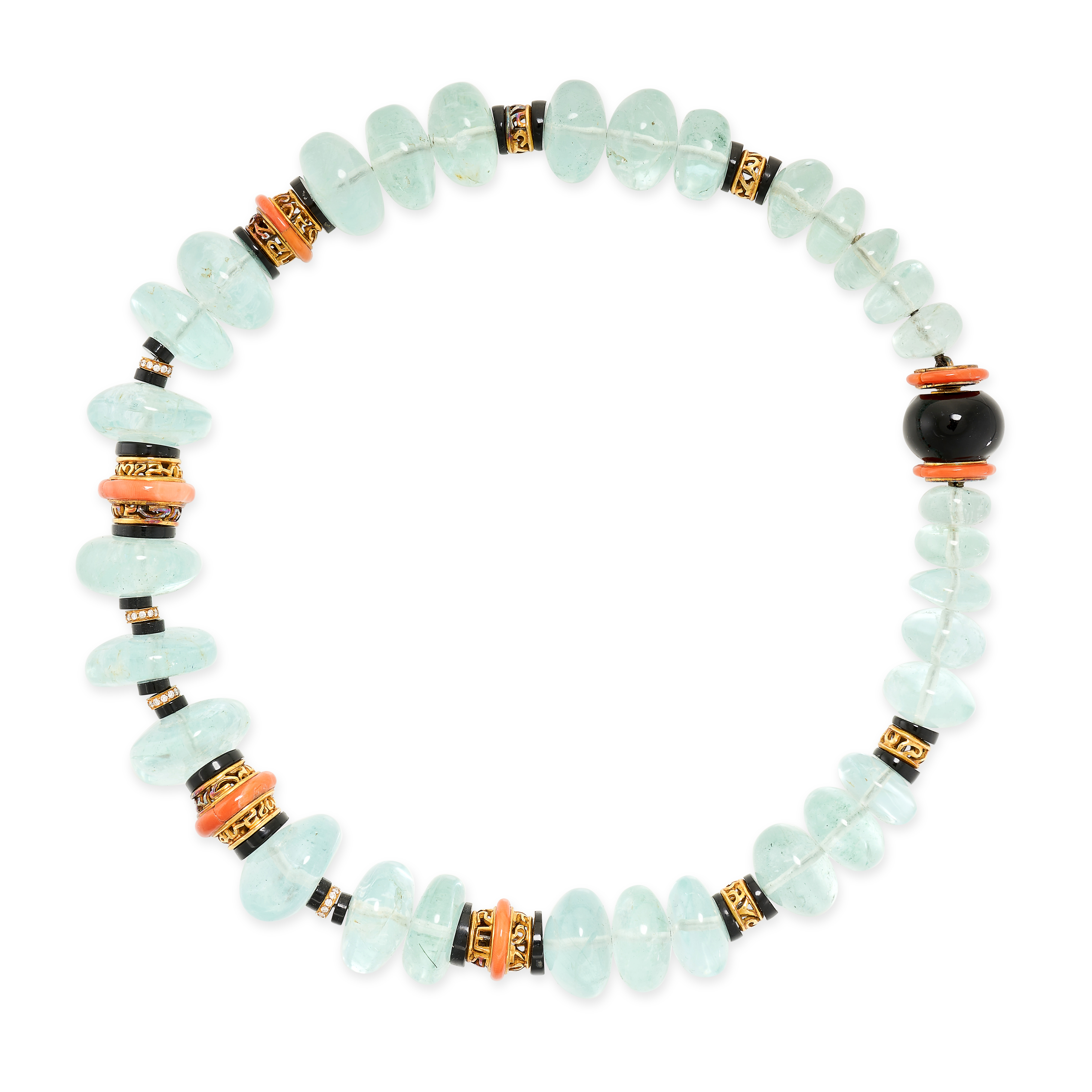 AN AQUAMARINE, CORAL, DIAMOND AND ONYX NECKLACE comprising a row of graduated polished aquamarine